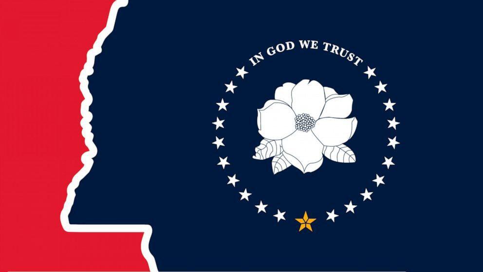 A flag with a ring of 21 stars and the words “In God we trust.” To the left is the line of the Mississippi River’s western border. In the center is a magnolia blossom.