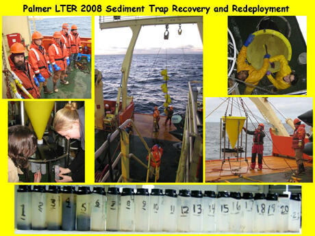 The recovered mooring must be scrubbed clean and this joy is given to the youngest new members of the Microbial and Biogeochemistry team. Erin Morgan and Aaron Randolph happily scrub down the trap, which accumulates plenty of grime after being in the ocean for a year (top right photo).