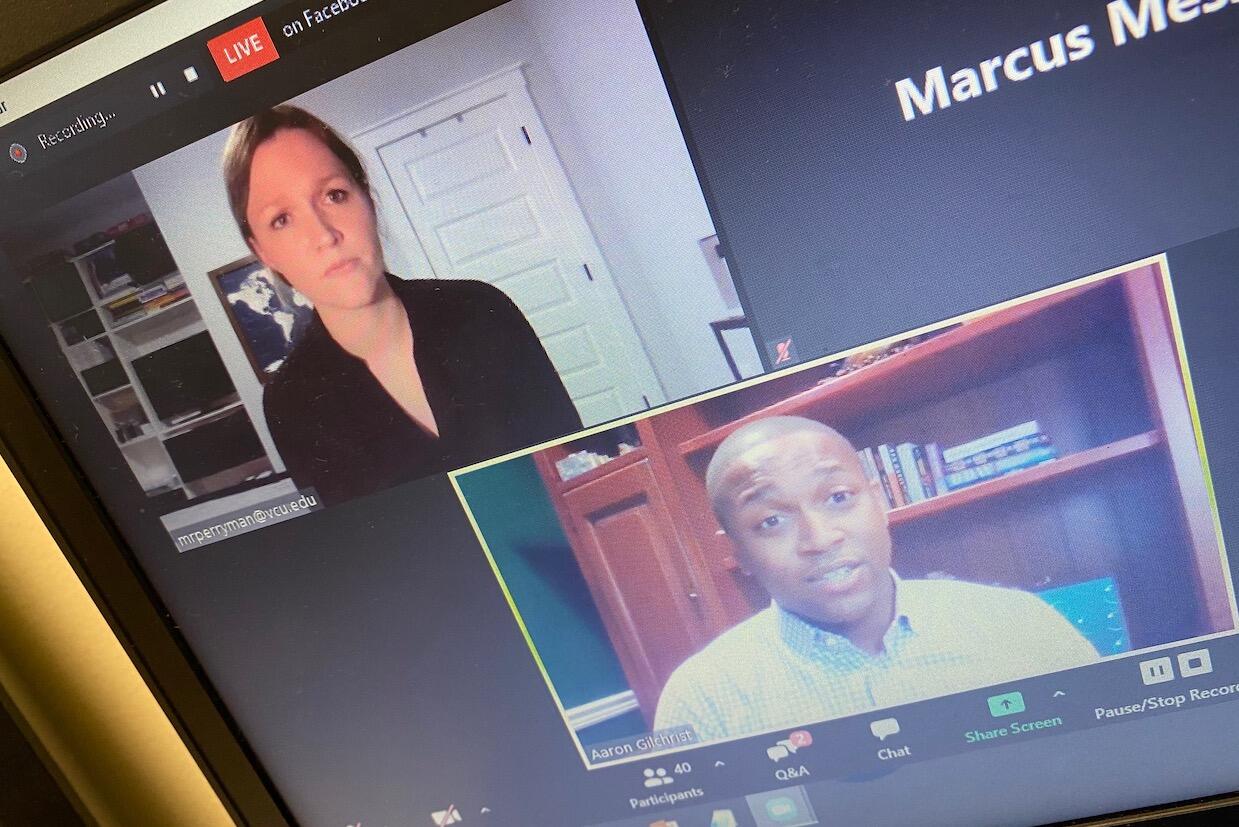 Mallory Perryman, top left, and Aaron Gilchrist during a virtual forum Sept. 17 hosted by VCU's Richard T. Robertson School of Media and Culture.