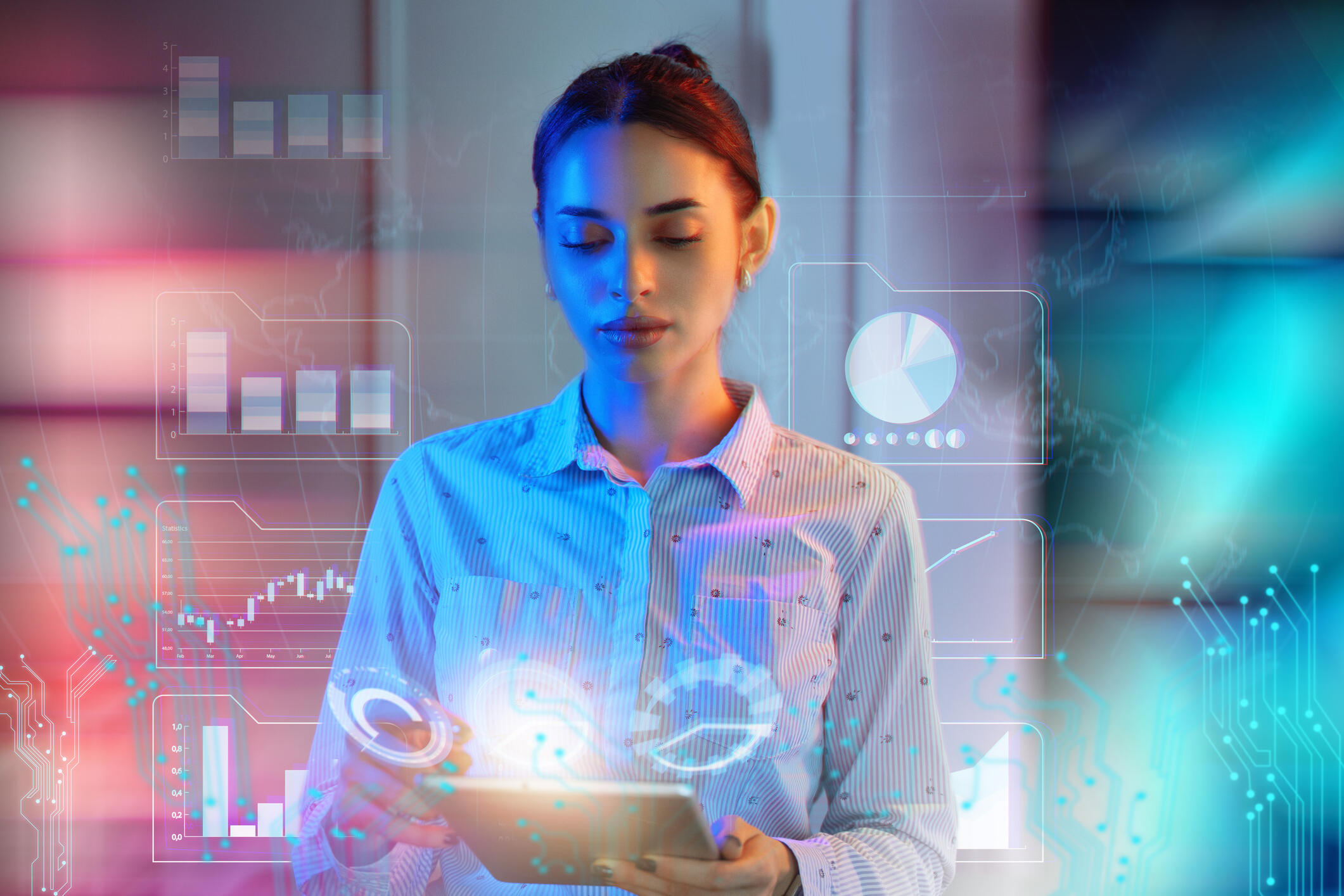 A photo of a woman using a tablet. Around the woman are digital illustrations of sets of data. 