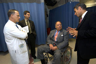 During a tour of the VCU Medical Center facilities and rehabilitation centers, Hager talked with VCU officials about the comprehensive programs offered through TBI MS. Left to right: William McKinley, M.D., R. Macon Sizemore, John H. Hager, David Cifu, M.D. Photo courtesy of Allen Jones
