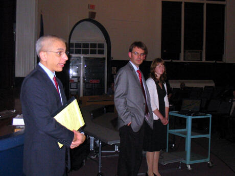 John Accordino, Ph.D., professor of urban and regional planning in the L. Douglas Wilder School of Government and Public Affairs (left), and graduate students Craig Carver and Laura Baker, answered questions from community members during a presentation of their revitalization plan for the Hull Street Road Corridor. Students in Accordino’s urban commercial revitalization class spent four months studying a two-mile stretch of the corridor in the City of Richmond and Chesterfield County. Their recommendations include the creation of a Hispanic business district, a farmer’s market, an entertainment district, restaurants, clothing stores and a cluster of businesses serving contractors and construction companies. Accordino said students in the program prepare dozens of plans each year for communities across the Richmond area.