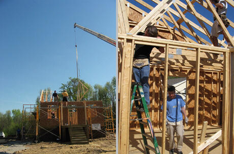 Students in VCU’s Master of Urban and Regional Planning program recently joined other volunteers in building 17 new Richmond Metropolitan Habitat for Humanity houses along Angus Road in South Richmond.  The week of April 20 – 26 is Affordable Housing Awareness week in Virginia. At left, Students Craig Carver, left, and Geoff Knight, center, teamed up with other volunteers to help this Habitat for Humanity house take shape.  Each semester, planning students select a worthwhile community service to support. Photos by Mike Porter, University Communications and Public Relations. 