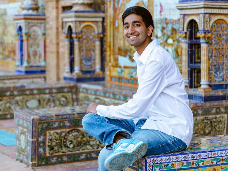 Ishaan Nandwani, pictured at the Plaza de España in Seville, Spain, has been mesmerized by the architecture and “authentic beauty” of Seville during his spring studying there. (Photo by Victoria Bee, @?victoriabeephoto on Instagram)