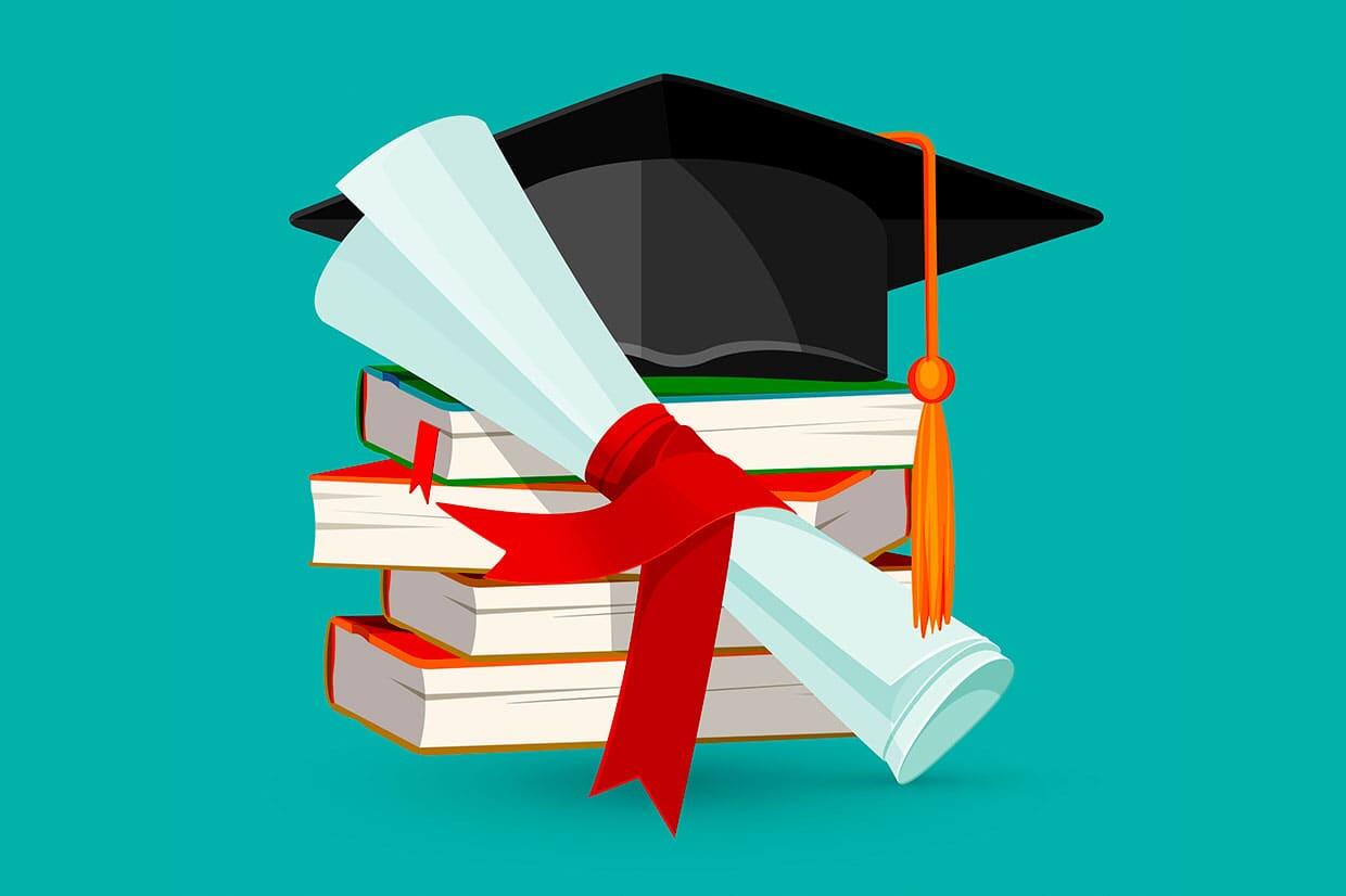 illustration of a graduation cap atop a stack of books
