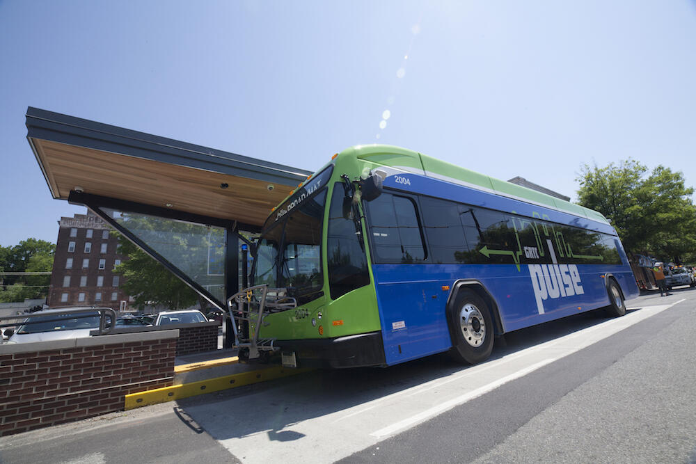 A Pulse bus pulls up at a station. (Photo courtesy of GRTC.)