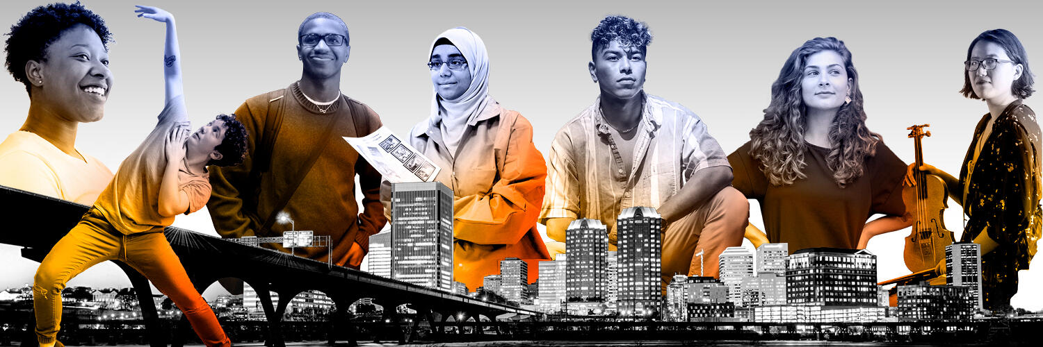 photo collage of Richmond skyline and V C U students.
