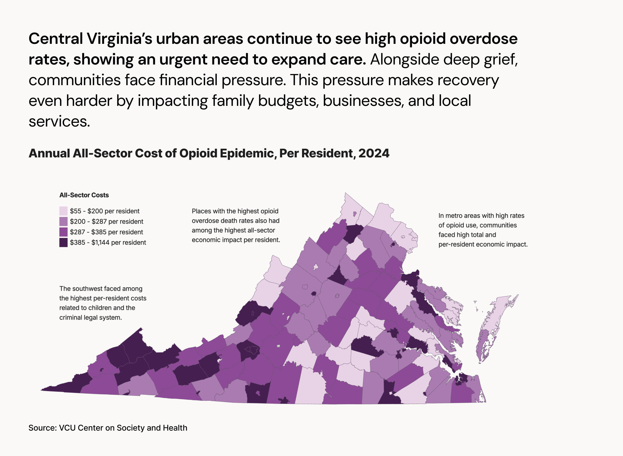 A graphic of the state of Virginia shows how opioid epidemic costs vary by area of the state.