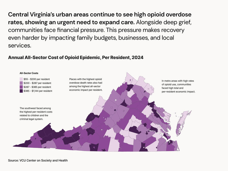 A graphic of the state of Virginia shows how opioid epidemic costs vary by area of the state.