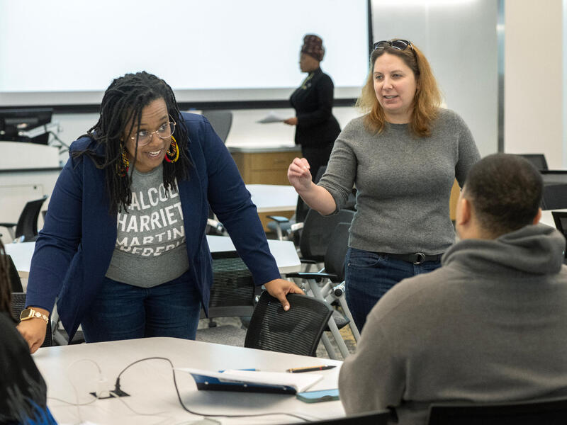 Jatia Wrighten, Ph.D. and Alexandra Reckendorf, Ph.D., talked to students about political and social movements during their session in the U.S. Democracy United/Divided course. (Kevin Morley, Enterprise Marketing and Communications)