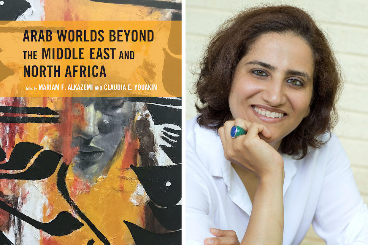 From left: The book cover of \"Arab Worlds Beyond the Middle East and North Africa\" and a portrait of Mariam Alkazemi.