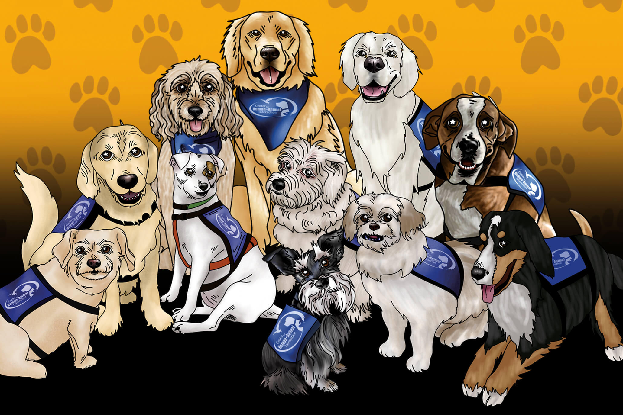 Illustration of dogs wearing therapy dog vests.