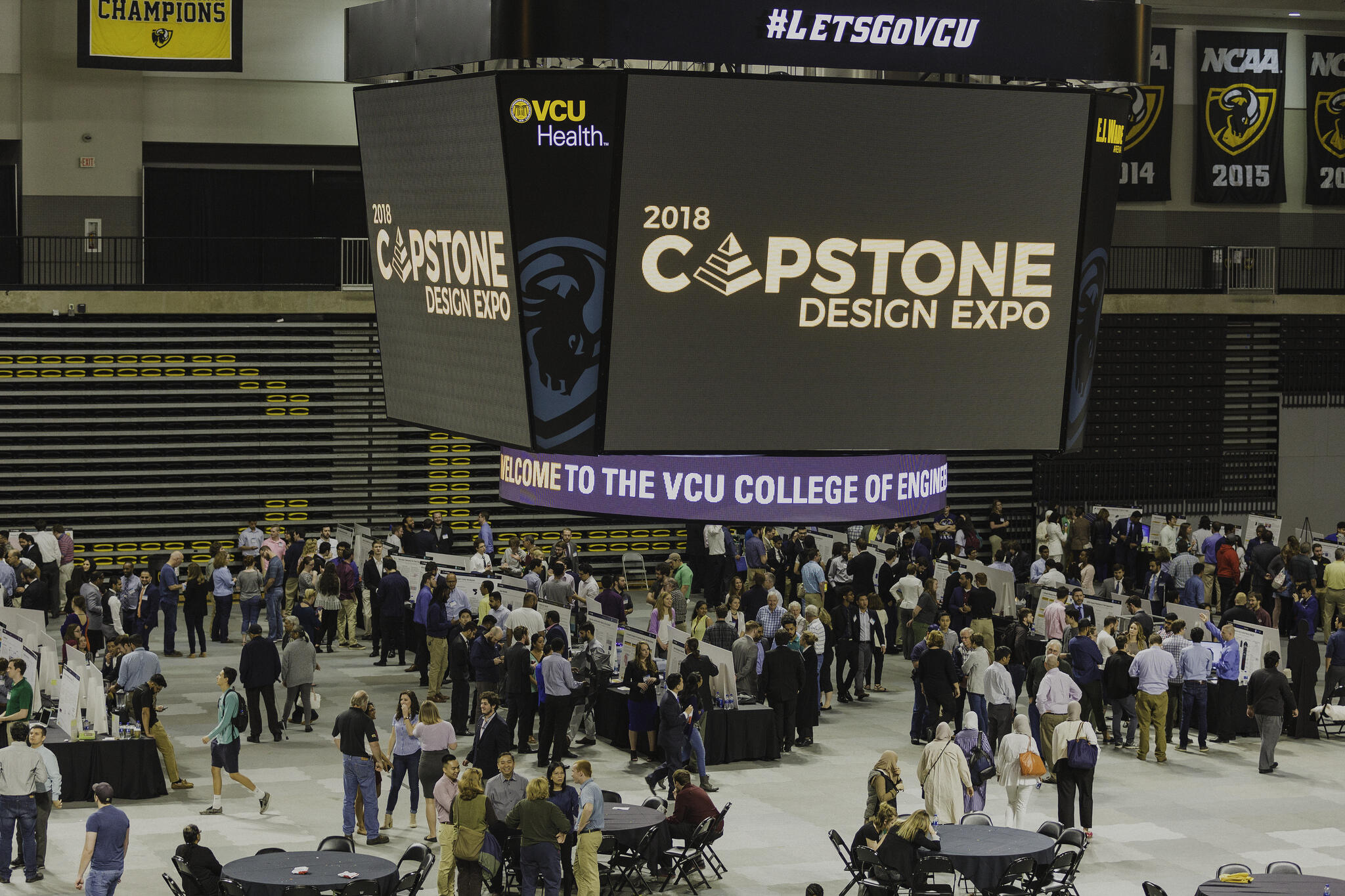 Engineering students and faculty, local school children and members of the local engineering community gather at the Seigel Center for the 2018 Capstone Design Expo. 