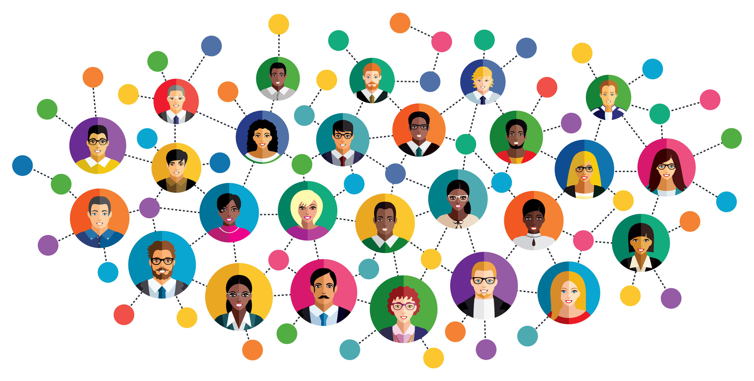 An illustration of people's portaits in different colored circles. All of the cirlces are connected by black dotted lines. 