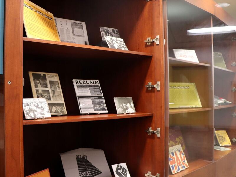 An open bookcase with items on display.