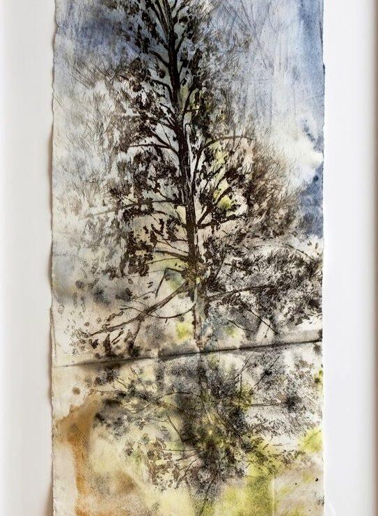 A painting of a tree next to a body of water. The tree is reflected in the water. 