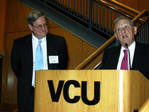 VCU President Eugene P. Trani announces $2 million gift from Inger Rice for construction of education outreach building at the VCU Rice Center. Photo by Anne B. Wright, VCU