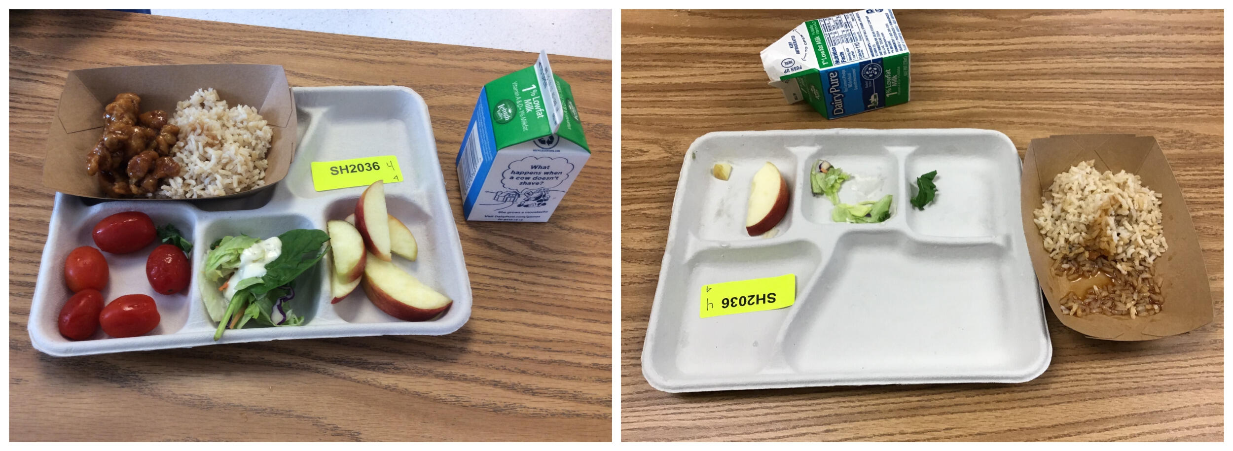 Two food trays are depicted in two pictures side by side. The one on the left is filled with food, and the one on the right has only a little food on it.