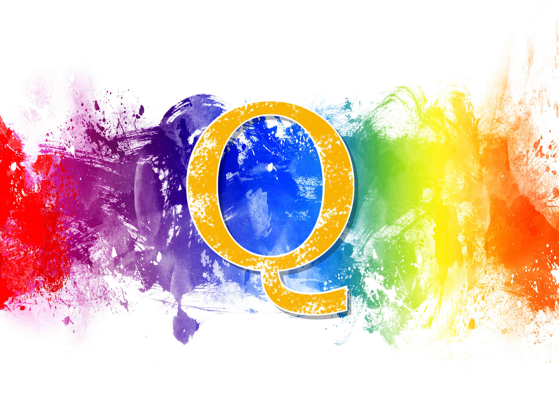 The letter \"Q\" over a rainbow made of paint brush strokes 