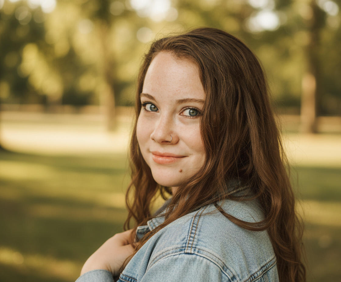 A woman in a jean jacket looks over her left shoulder.