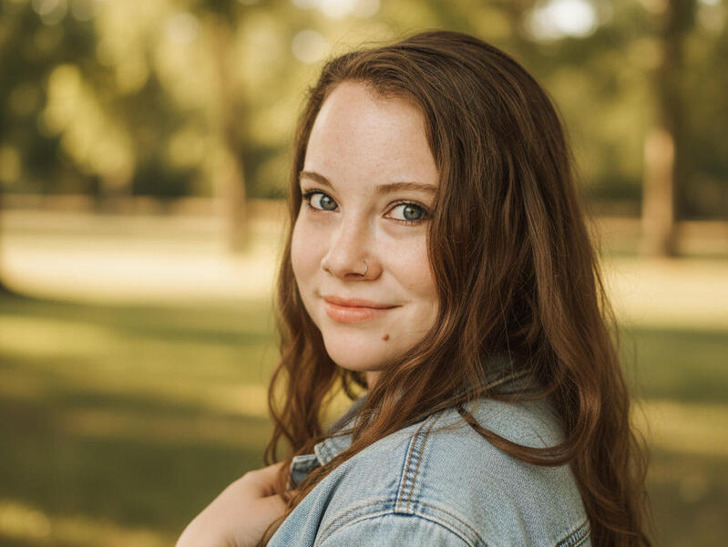 A woman in a jean jacket looks over her left shoulder.