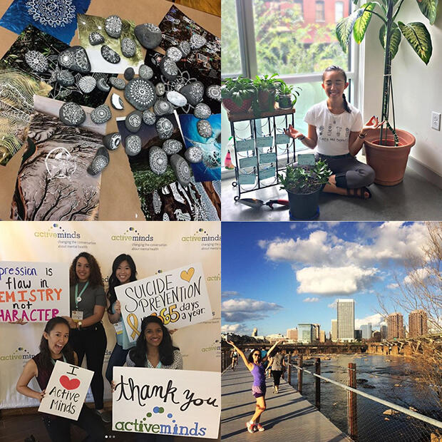 (clockwise from top left) A collection of stones with intricate drawings on them from Andrea Nguyen's artfulness class; Andrea meditating among house plants; Andrea with the Richmond city skyline in the background; and Andrea and her friends holding up posters at the National Mental Health on Campus Conference.