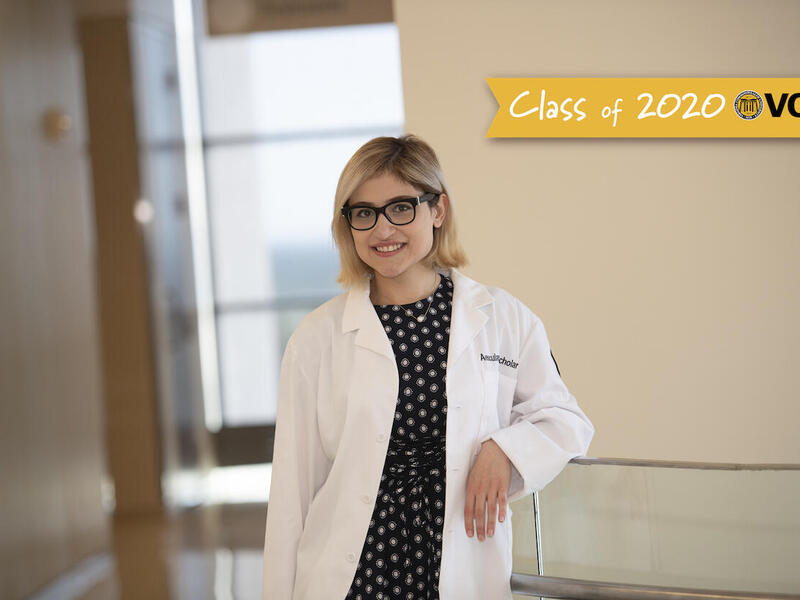 Armita Kabirpour standing in a building on the Medical College of Virginia campus at Virginia Commonwealth University