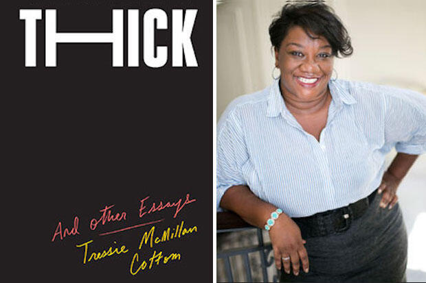 Tressie McMillan Cottom and the cover for her latest book: “Thick: And Other Essays”