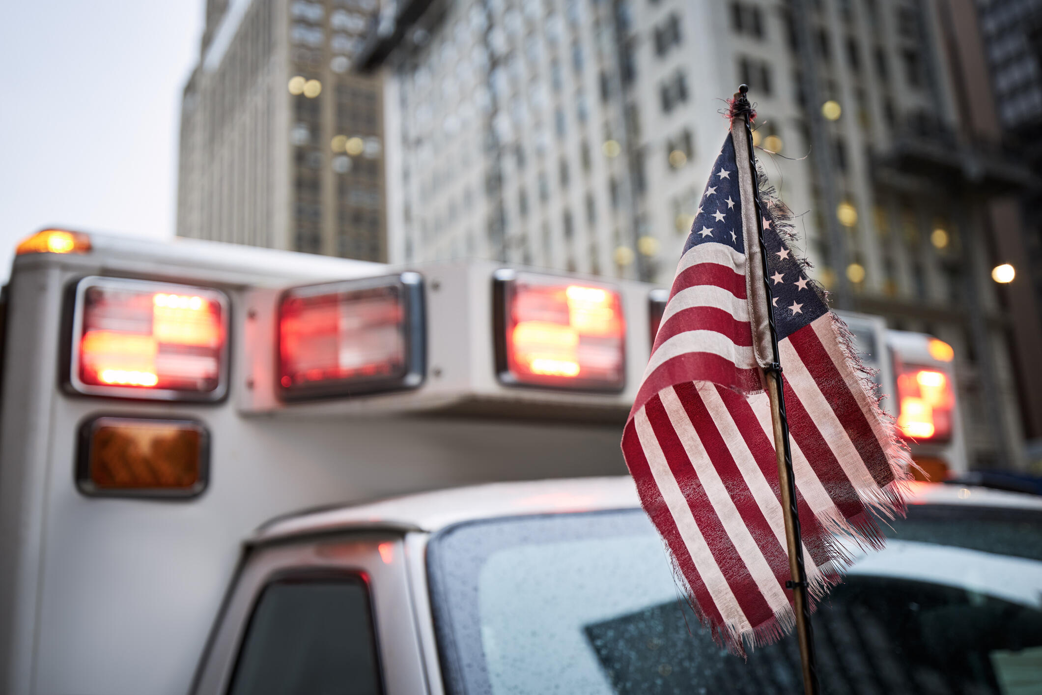Photo of an American flag on an ambulance.