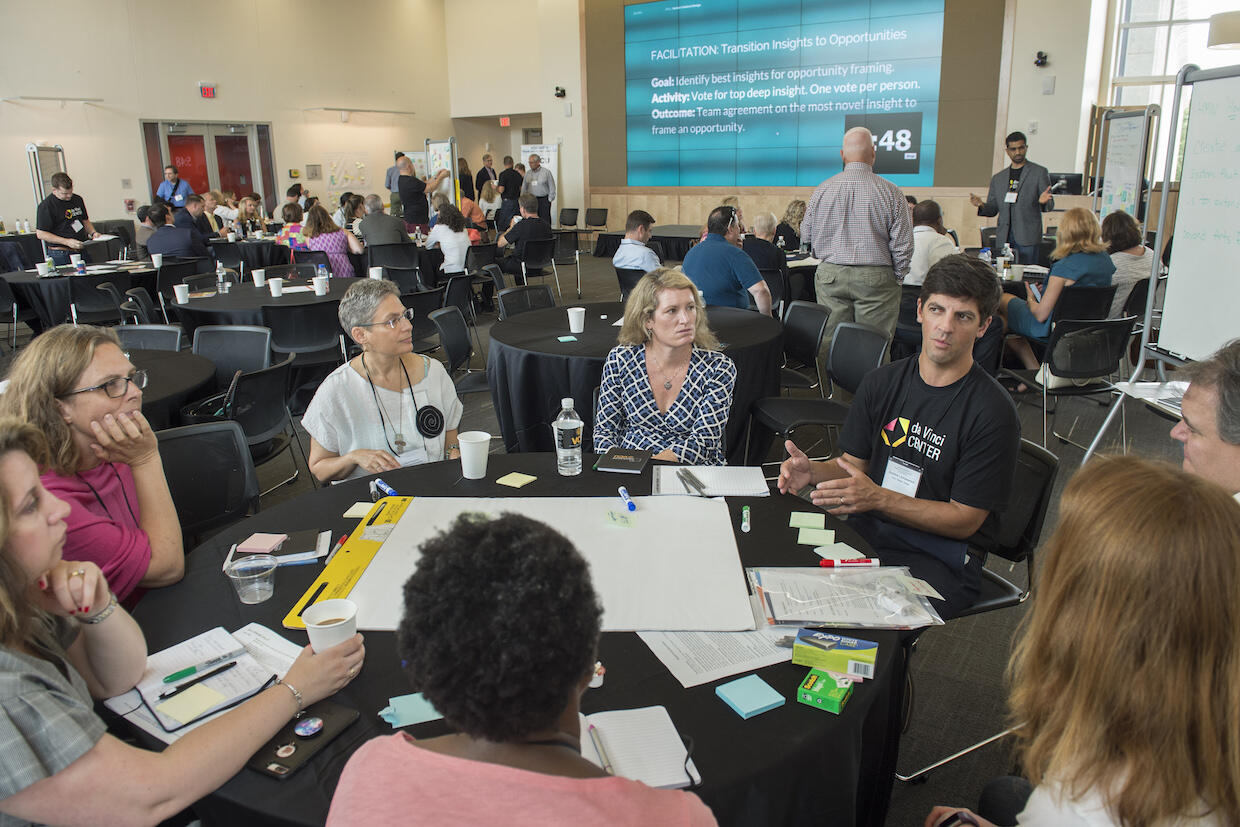 Andrew LeVasseur (far right), professor in the VCU Brandcenter, leads an experiential design session with participants in the Association of Public and Land-grant Universities' summer conference. (Photo by Kevin Morley, University Relations)