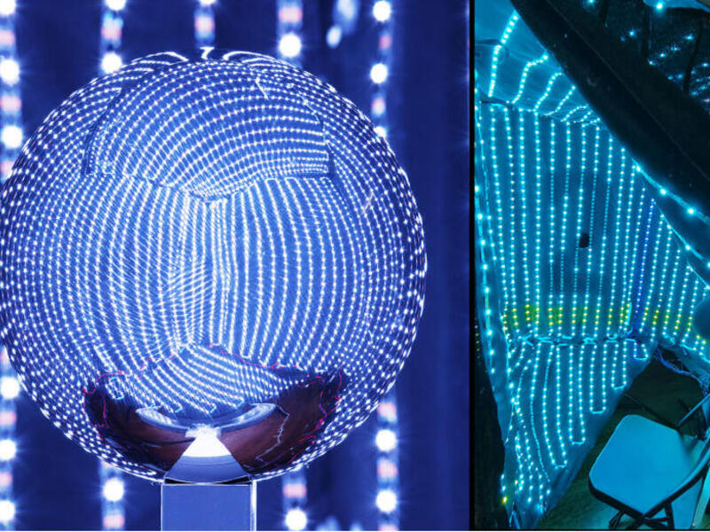 A photo of a mirrored ball reflecting a room covered in LED lights next to a photo of a tent that is covered with LED lights inside and also has one folding chair. 