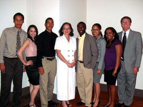 From left: Graduating seniors of 2009: Robert Kelley; Andrea "Christy" Brown; Derek Russell; Cheryl Chesney-Walker, executive director, health careers/education and special services for students; Derrick West; Alexandra Hardy; Shalini Navale; David Sarrett, D.M.D., associate vice president for health sciences. Photo courtesy of Cheryl Chesney-Walker