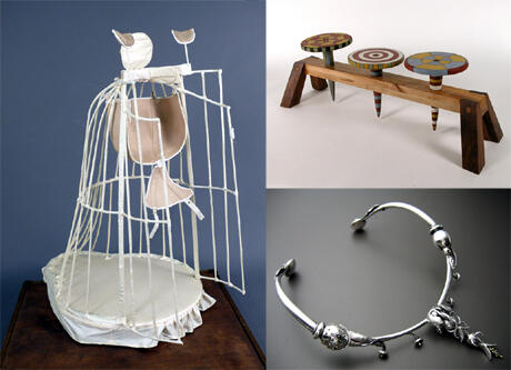 Clockwise from left: Erin Williams’ “Dancing Dress for a Legless Girl,” Materials: steel, silk, leather, antique casters, Technique: welded and Hand-sewn; Christina Boy’s “Peg Bench,” Materials: soft maple, walnut and milkpaint ; Adam Whitney’s “Bosch Choker,” Materials: sterling silver, 14ky, star sapphire, Technique: casting, forming, fabrication and Chasing.