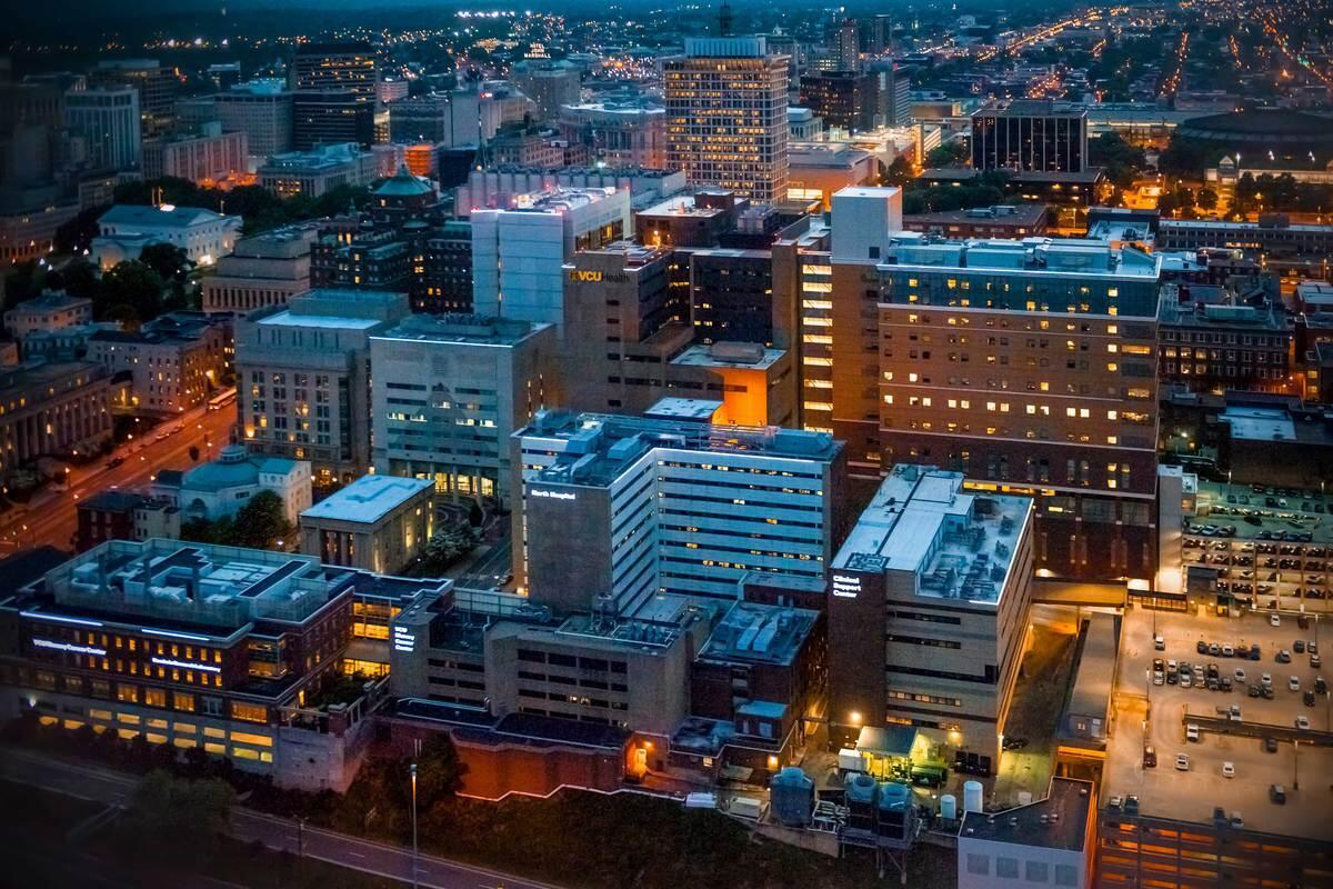 An areal view of downtown Richmond with MCV campus in the middle 