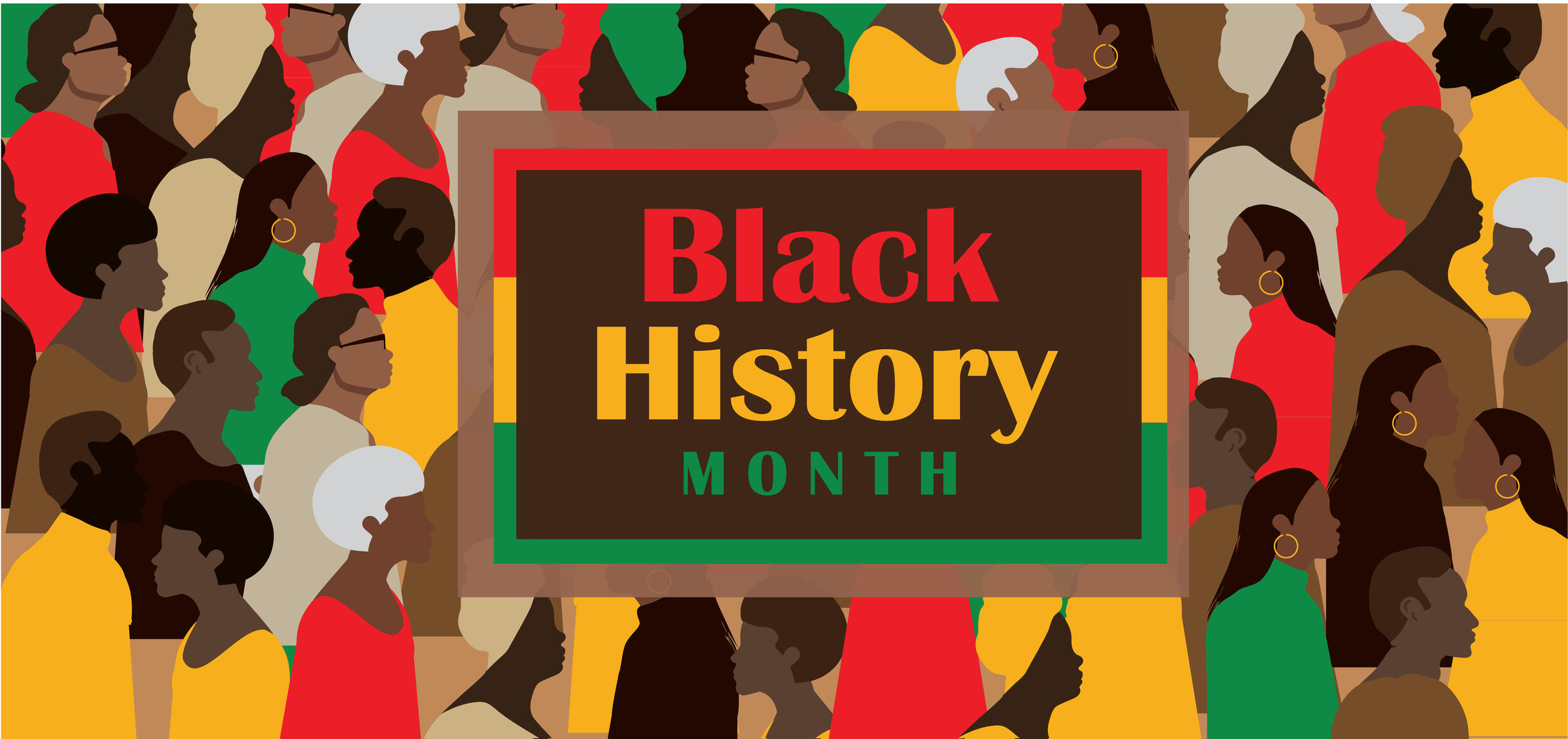 An illustration of a crowd of Black people facing different directions with a box on top of them that says \"Black History MONTH\" 