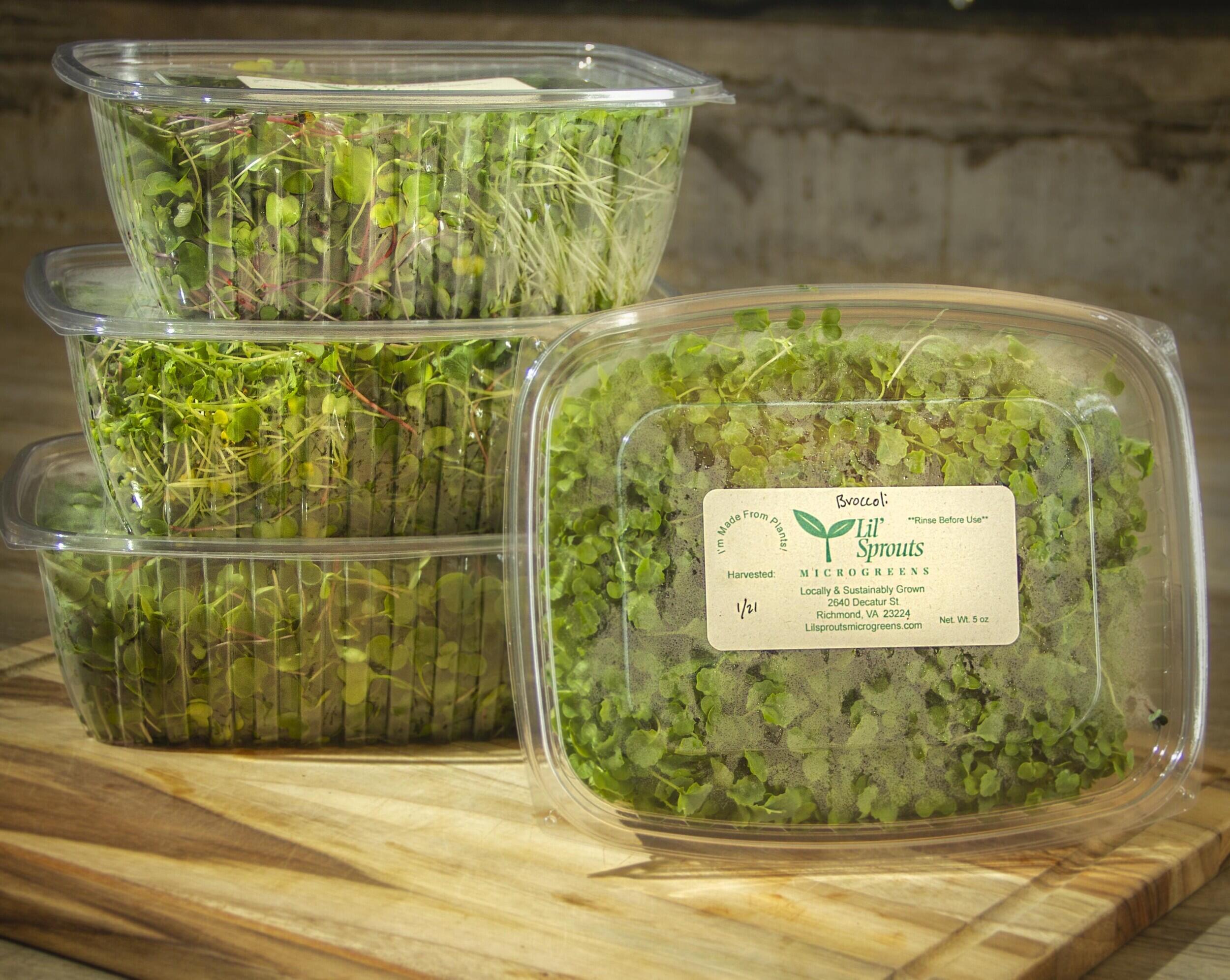 Packages of microgreen products.