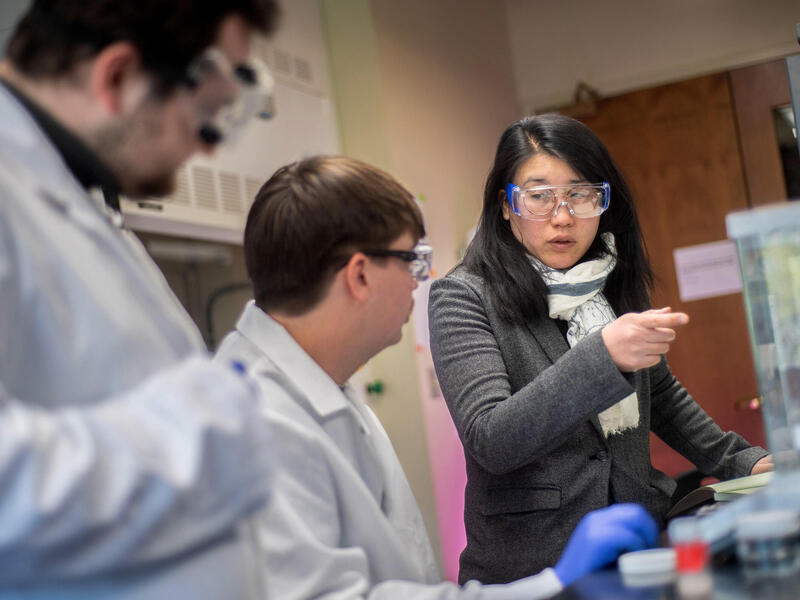 A photo of three people in a lab. 