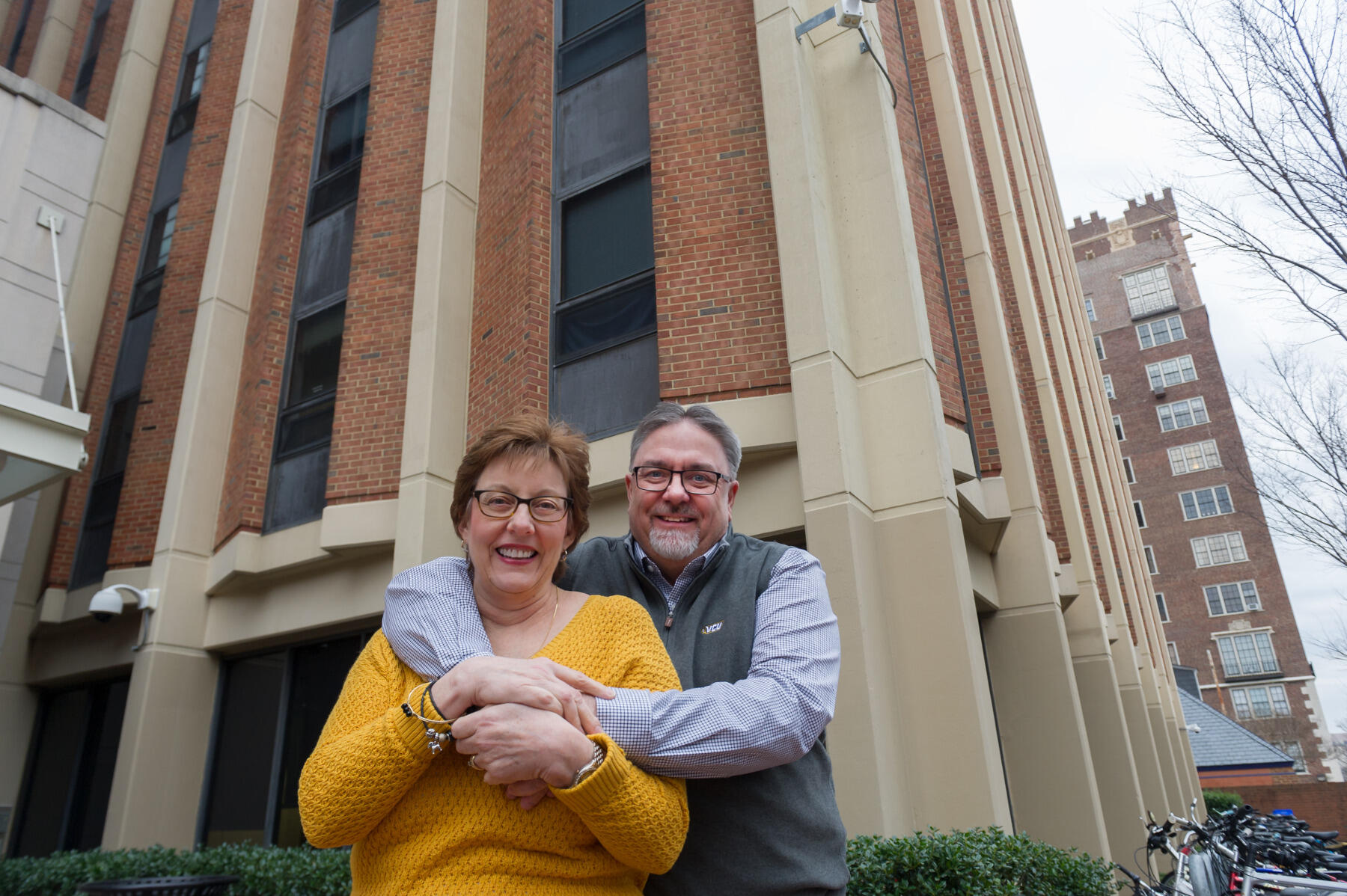 Nancy and Doug Hendrickson outside Rhoads Hall, where they met.