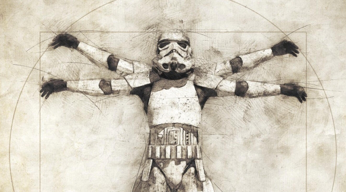 A Stormtrooper with four arms and four legs in a circle and rectangle like Leonardo Da Vinci's \"Vitruvian Man.\"