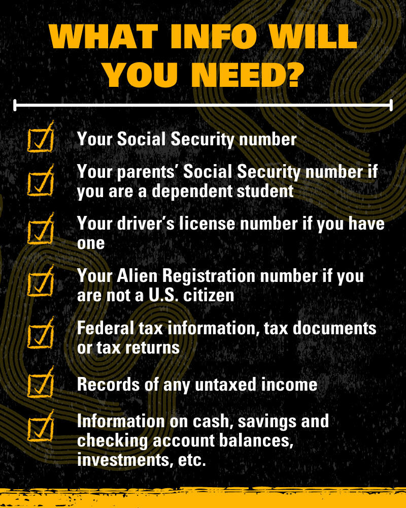 A black backtround with white and yellow text. The top reads \"WHAT INFO WILL YOU NEED?\" Underneath is a list that says \"Your Social Security number\" \"Your parent's Social Security number if you are a dependent student\" \"Your driver's liscense number if you have one.\" \"Your Alien Registration number if you are not a U.S. citizen\" \"Federal tax information, tax documents or tax returns\" \"Records of any untaxed income\" \"Information on cash, savings and checking account balances, investments, ect.\"