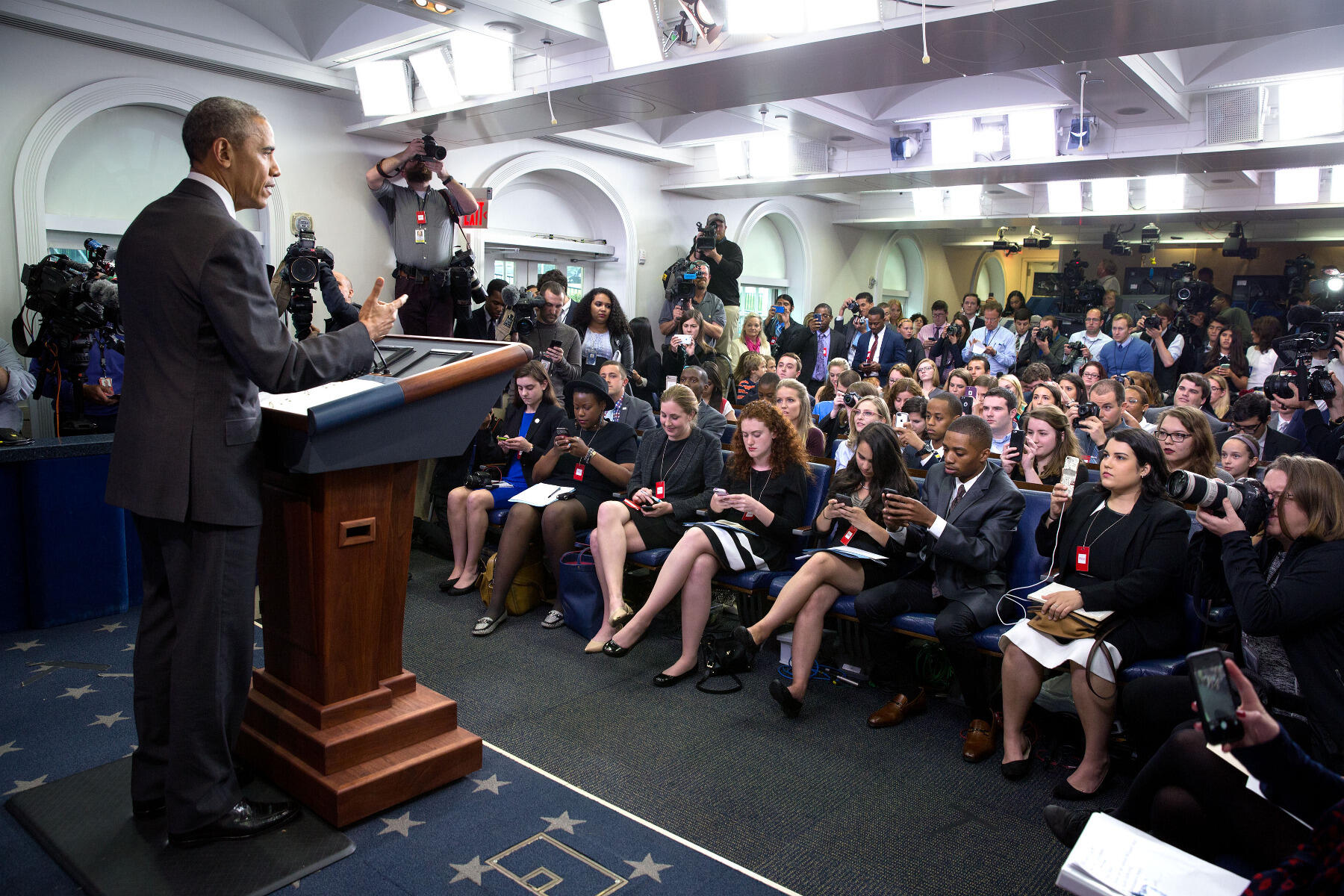 President Barack Obama fielded questions from the 50 student journalists from across the country who took part in College Reporter Day. Photo courtesy the White House.