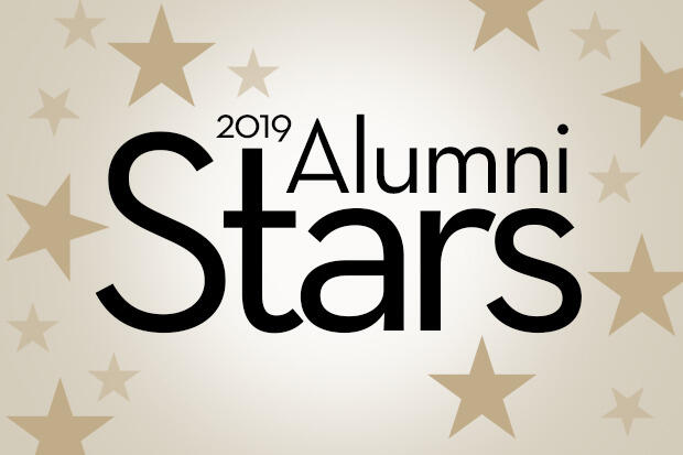 Gold stars surround text \"2019 Alumni Stars.\"