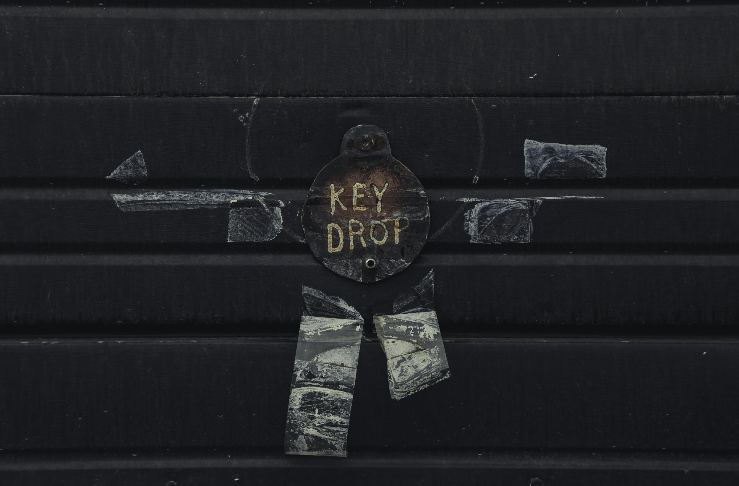 Photo of a black door with a sign reading "KEY DROP."