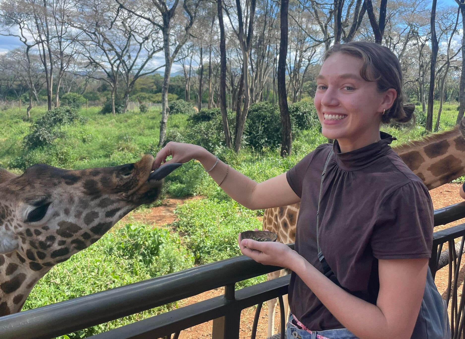 A photo of a woman feeding a giraffe