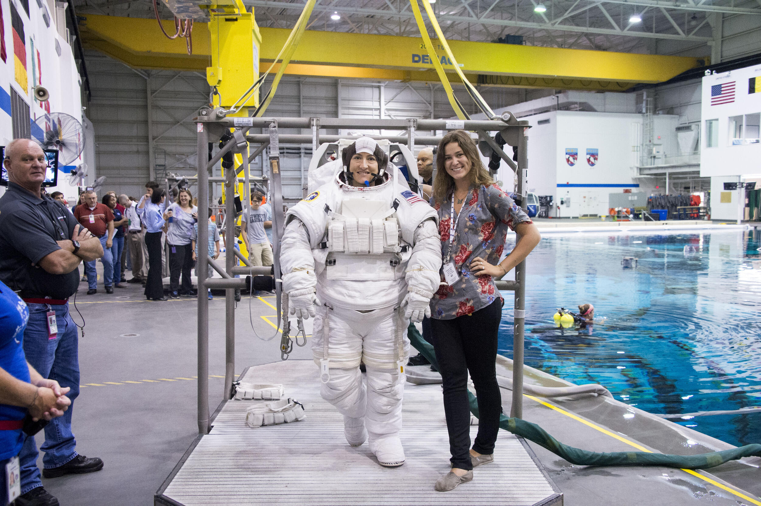 "In the Neutral Buoyancy Lab there is a pool as big as a football field, and about 50 feet deep. In it is a replica of the International Space Station that astronauts will train in. This replicates (almost) the feeling of no gravity." 