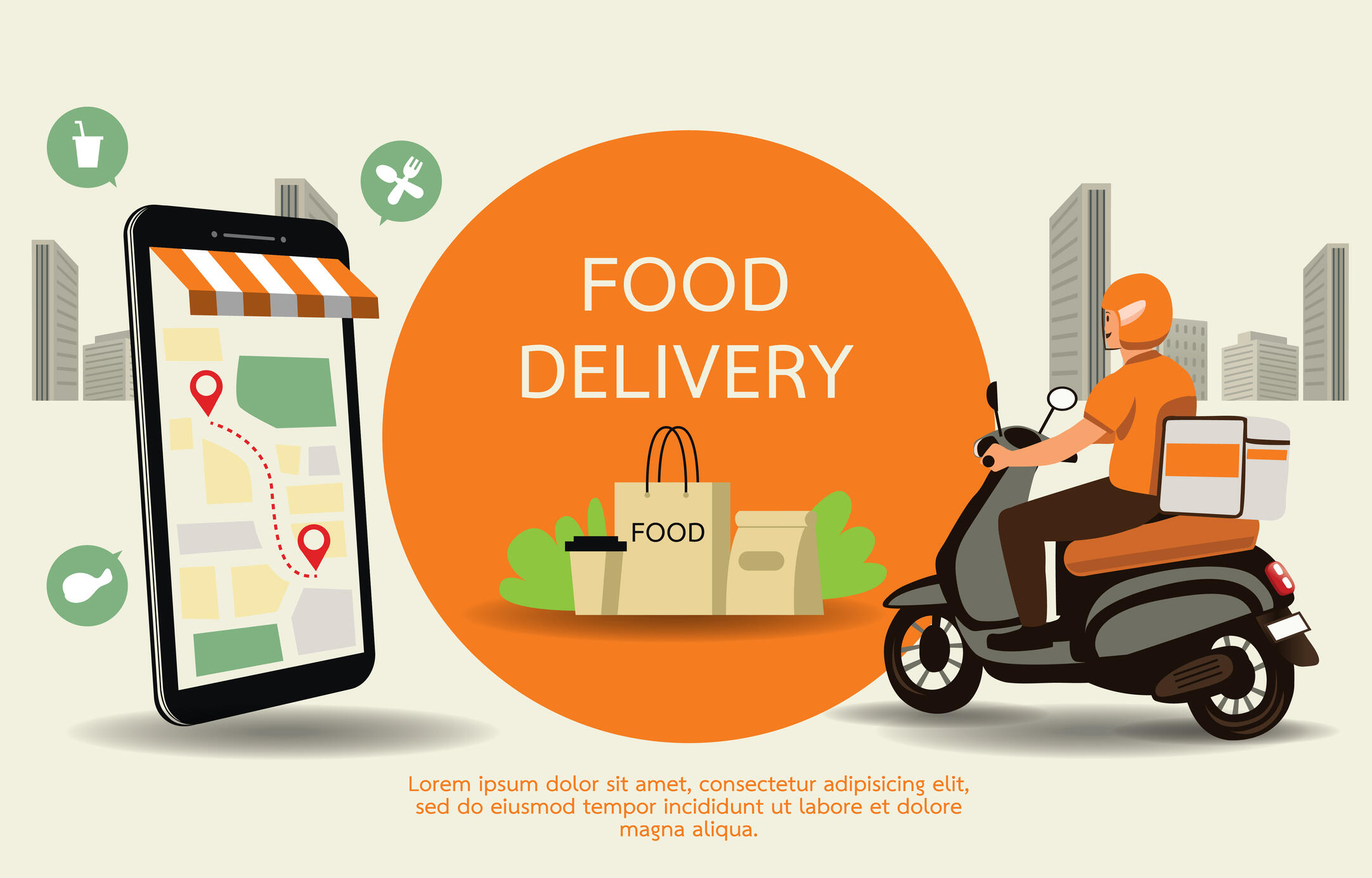 An illustration of a man on a moped next to a circle that says \"FOOD DELIVERY\" inside of it. To the far left is an illustration of a smart phone with a map on it. 