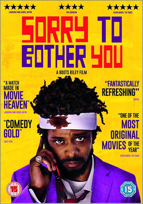 A poster with a man wearing a suit and a white head band with blood on it. Text above the man reads \"Sorry to Bother You\"