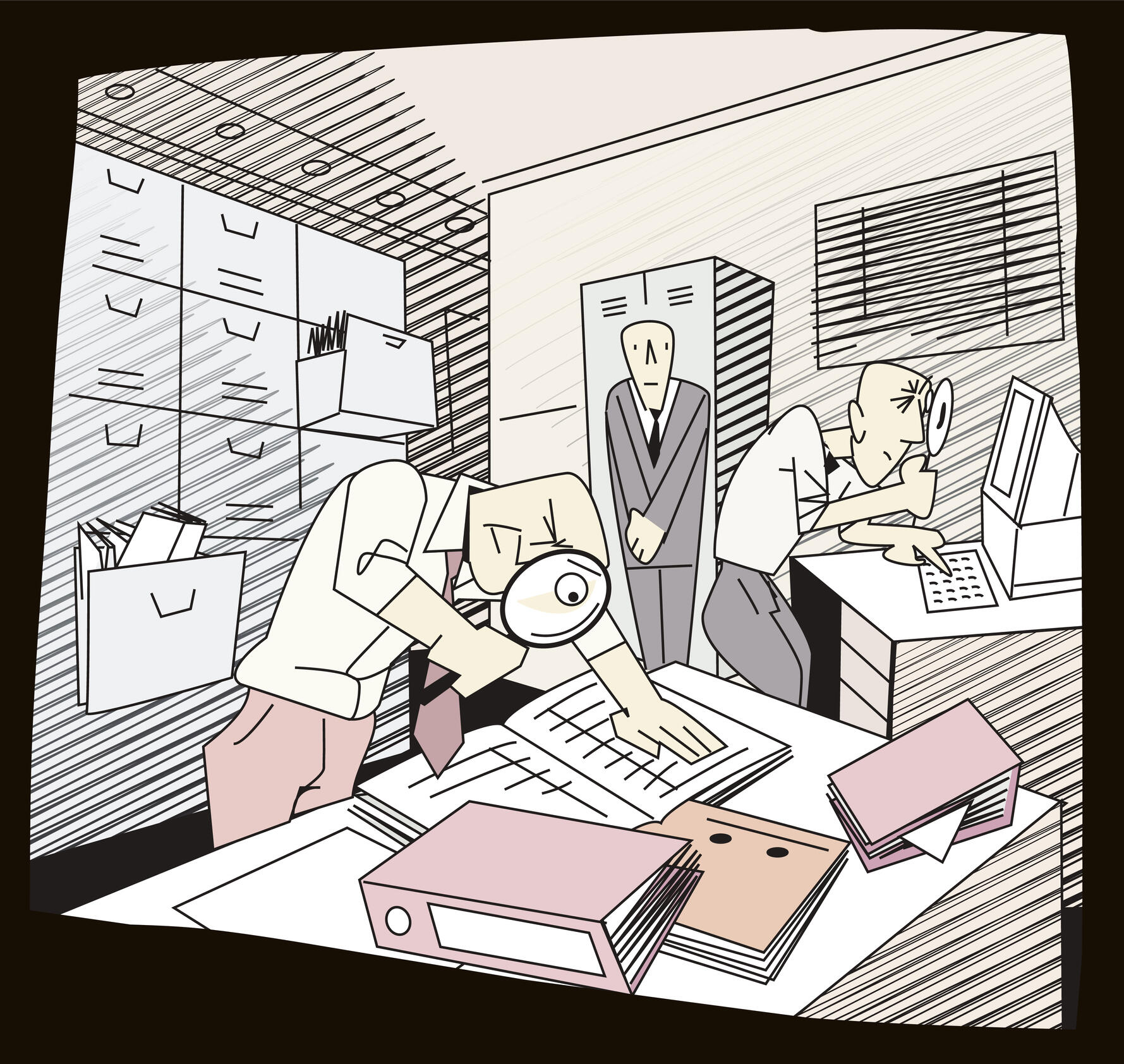 An illustration of two men with magnifying glasses examining a book and computer screen. Another man wearing a suit stands against the wall with his hands in front of him. 