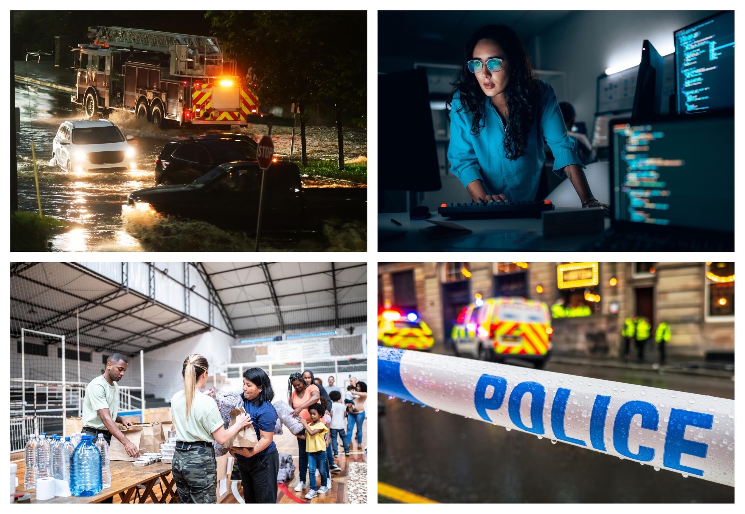 Four photos in a collage. In the upper left is a photo of a flooded road with two SUVs in the water. Next to the water is a red firetruck. On the upper right is a photo ofa woman in a room full of computer screens. She is looking at the one directly in front of her. On the bottom left is a photo of a line of people recieving aid from two people handing out bags and water. On the bottom right is a photo of poice tape in front of a crime scene.