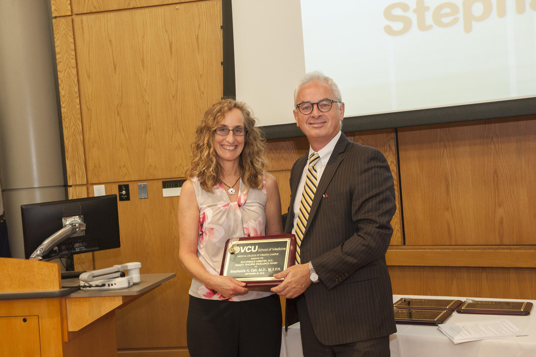 Stephanie Call, M.D., left, a professor in the Department of Internal Medicine in the School of Medicine, was one of two recipients of the Enrique Gerszten Faculty Teaching Excellence Award, the School of Medicine’s highest teaching award. (Photo by Tom Kojcsich, University Relations)